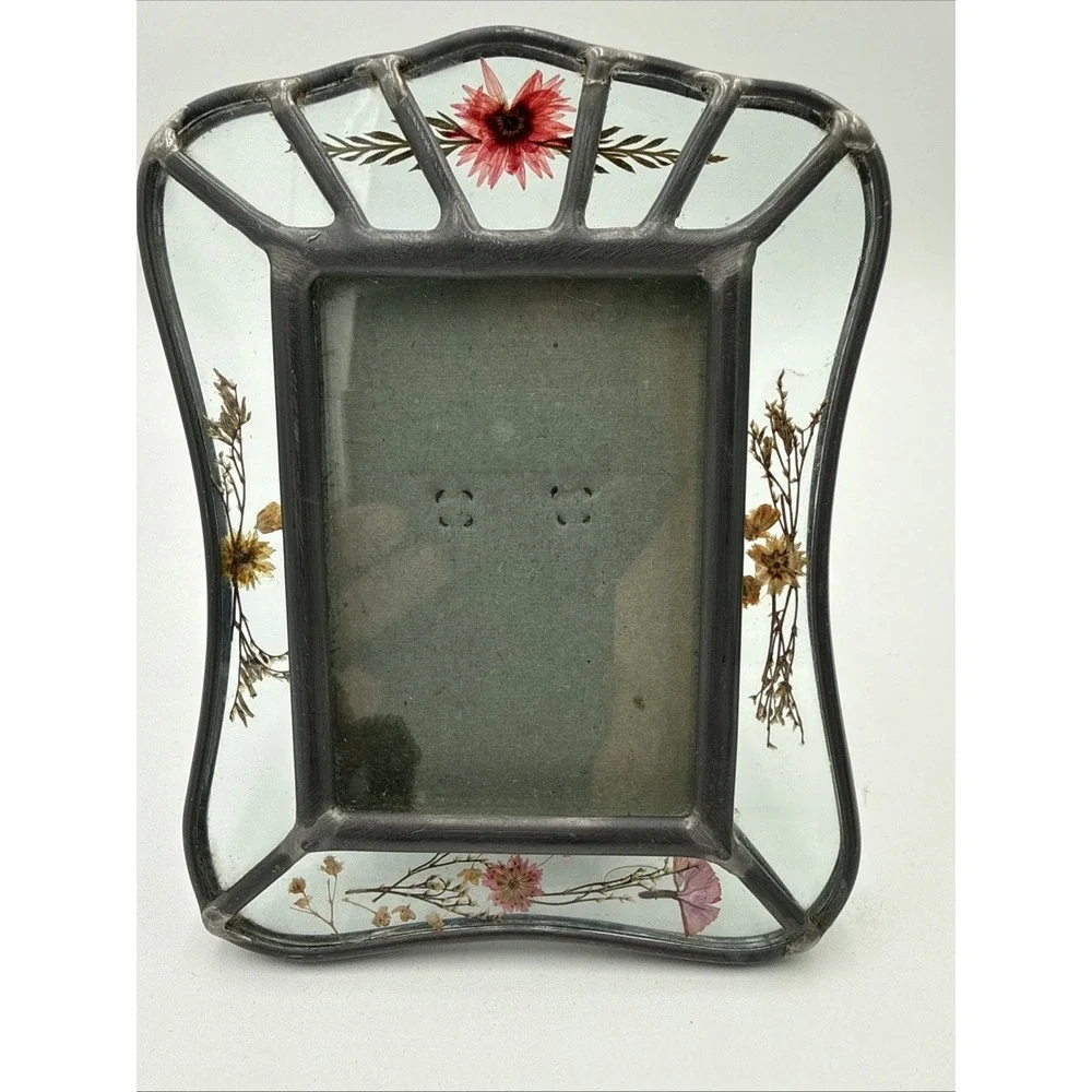 Vintage 1980s Pressed Flower Glass Frame Pewter Tone Picture Frame Cottagecore